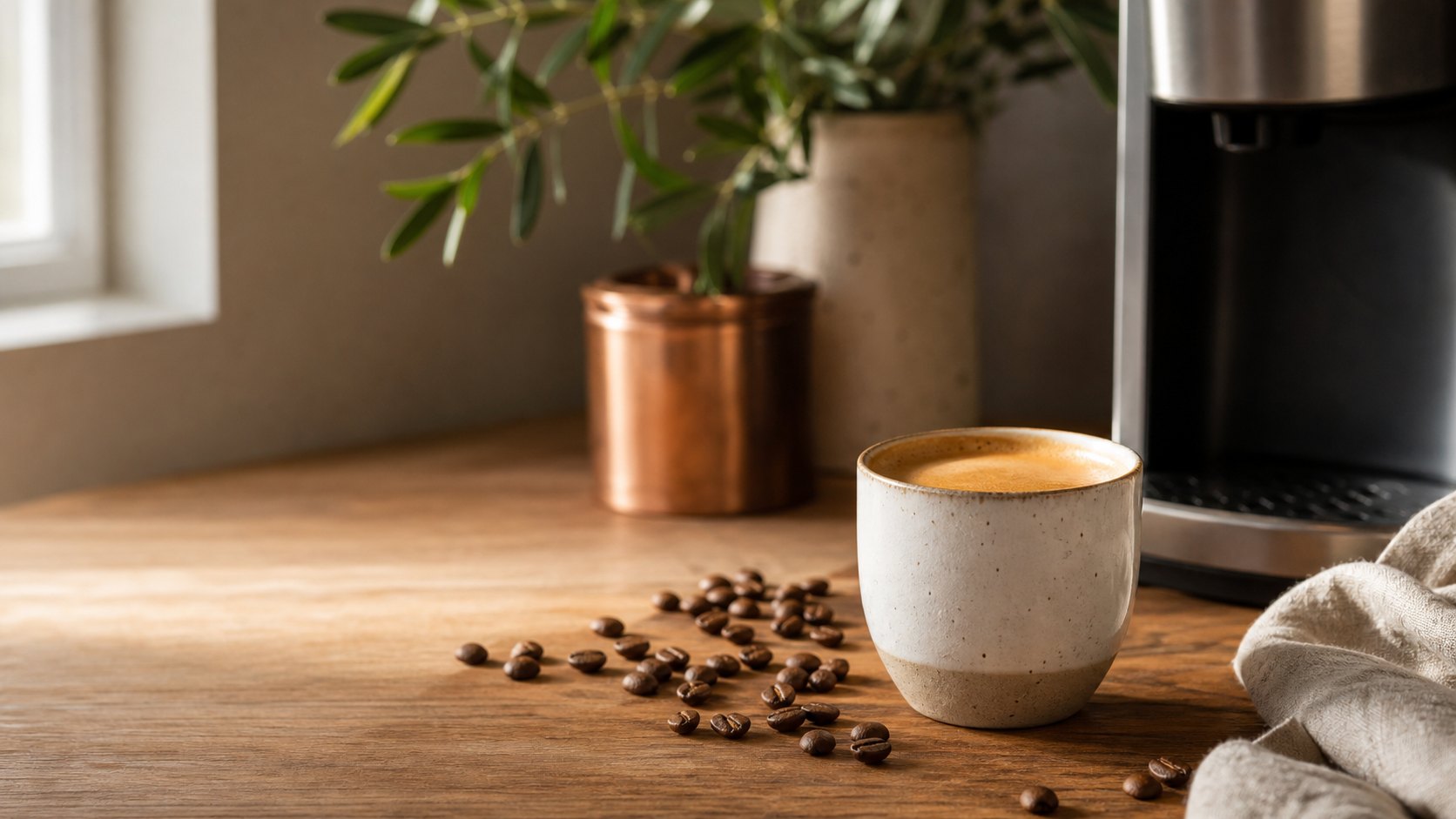 Tasse d’espresso, grains et machine à café à grain générique sur un plan de travail